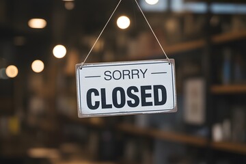 Closed Sign: A close-up captures a Sorry, Closed sign hanging inside a store window, conveying a message of temporary unavailability in a simple, modern setting.