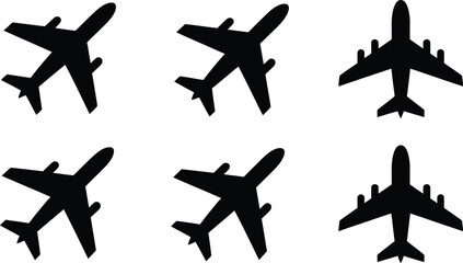 Collection of six black airplane silhouettes on a white background