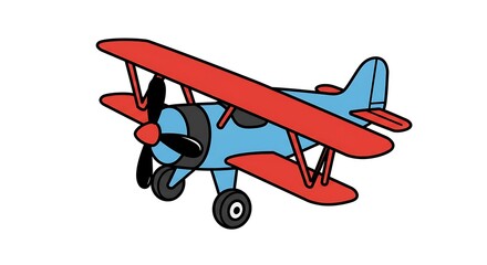 Toy Biplane Illustration with Red Wings and Blue Body, Isolated on White
