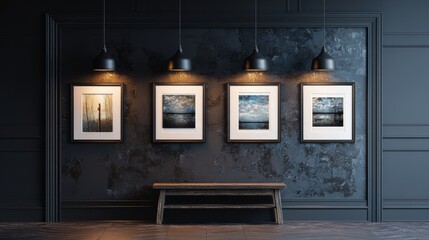 Modern silver picture frame mockup hanging on dark charcoal gallery wall. Contemporary art space