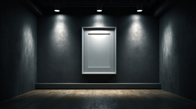 Modern silver picture frame mockup hanging on dark charcoal gallery wall. Contemporary art space