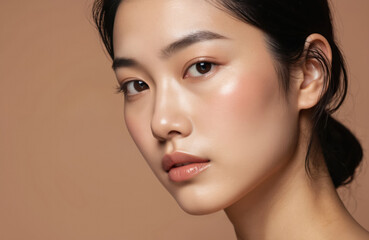 Fototapeta premium Beautiful young Asian woman with clear, glowing skin, subtle makeup. Close-up portrait focuses on facial features, healthy complexion, natural beauty. Captures of skincare, spa treatments.