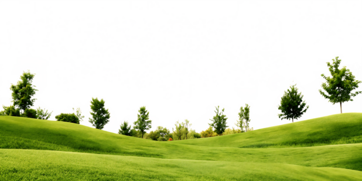 Rolling green hills with scattered trees isolated on a transparent background