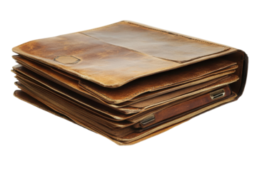 Aged Leather Bound Ledger Full of Documents Old Paperwork and Secured with Clasps on a Black Backdrop