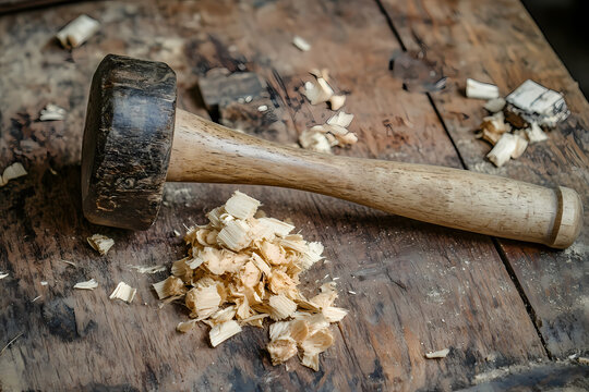 A close-up shot of a mallet resting on a rustic wooden workbench surrounded by wood shavings, highlighting craftsmanship and woodworking