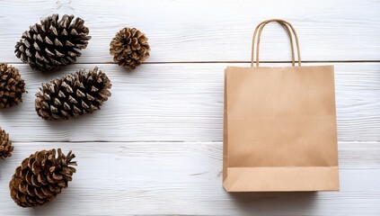Obraz premium A kraft paper shopping bag sits on a white wooden surface, surrounded by pine cones