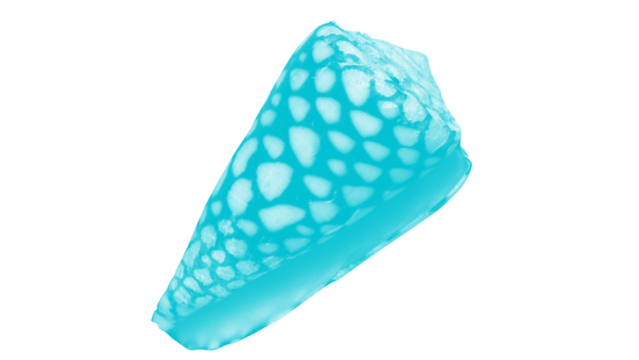 Abstract cyan cone seashell png file. Blue glowing shell with modern digital pattern. Stylized marine object isolated on transparent background for creative design.