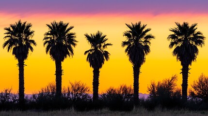 175. Sunset silhouette of palm trees against vibrant orange and purple sky