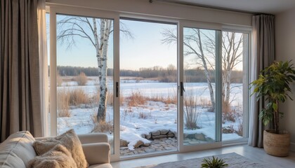 Cozy living room interior with sliding patio door opening to serene winter landscape. Birch trees, snow covered field outside. Peaceful home retreat atmosphere, natural light.