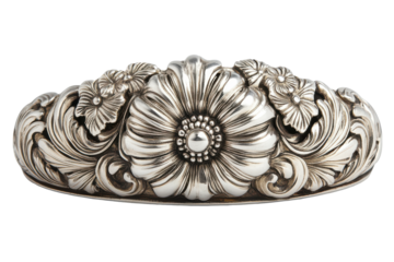 Antique Sterling Silver Floral Design Brooch Detail on Black Background Ornament Fine Art Crafts Art Deco