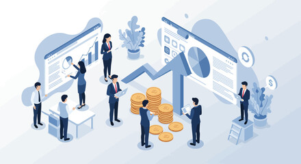 Business team collaborating on financial data analysis using interactive dashboards for corporate growth and successful investment strategy.