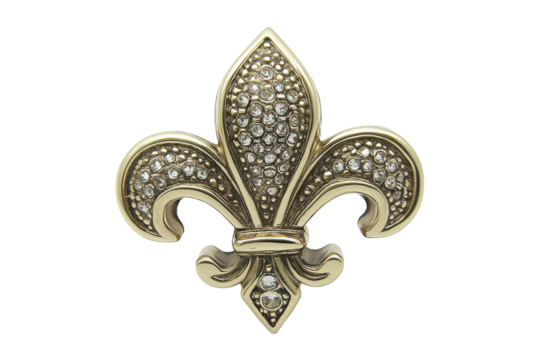 Golden Fleur-de-lis Emblem with Rhinestones Ornate Symbol on Black Background