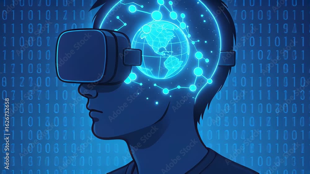 Poster exploring the digital world through a virtual reality headset in an immersive technology environment