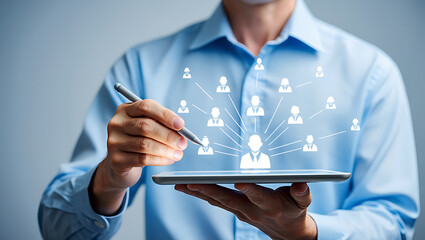 Person interacting with digital network of people icons tablet stylus