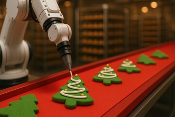 Automated Bakery Robot Frosting Green Christmas Tree Cookies on Red Conveyor Belt Festive Dessert Production Industrial View