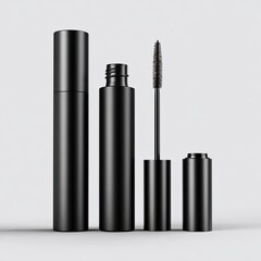Three black cosmetic containers,  two tubes and one mascara wand, on a light gray background