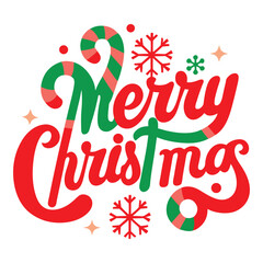  Retro Merry Christmas Typography T-Shirt Design with Candy Canes and Snowflakes.