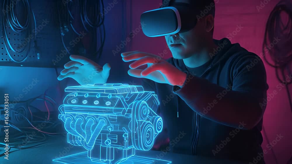 Poster exploring virtual reality technology with a closeup of a person engaged in a digital environment