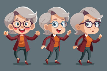 Fototapeta premium Three cartoon illustrations of a happy elderly woman with gray hair and glasses in different poses