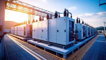 Obraz premium Industrial Power Station Energy Equipment at Sunset.