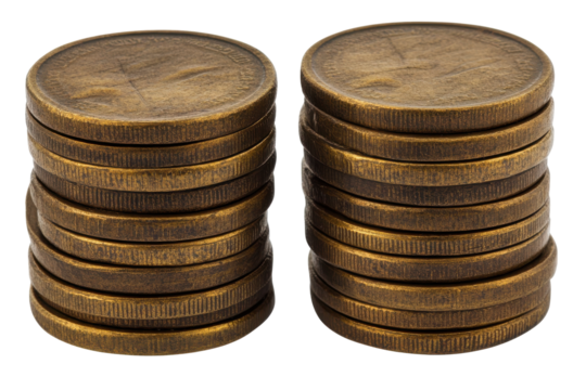 Stacks of Antique Brass Coins Old Currency Still Life Isolated on Black Background