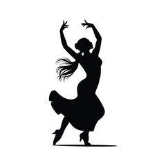 Silhouette of a woman dancing flamenco with flowing dress and raised arms
