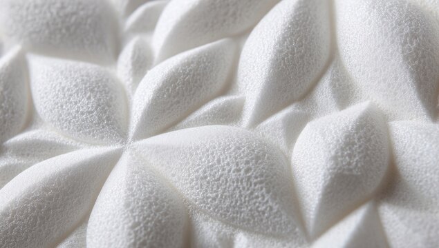 Close-up view of a textured, white surface with a repeating pattern of sculpted, flower-like shapes. The surface is embossed with a fine, granular texture - Powered by Adobe