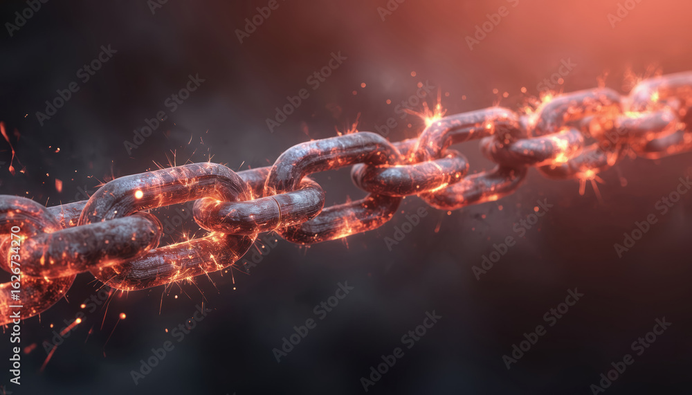 Poster glowing chain links in urgent red, orange hues represent cyber security breach network vulnerability