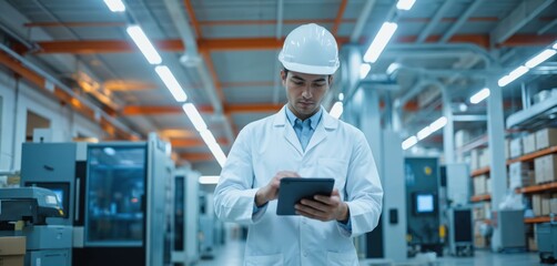 Warehouse worker in hard hat, lab coat uses digital tablet for inventory management. Modern facility with automated systems. Employee monitors supply chain, logistics, production processes in