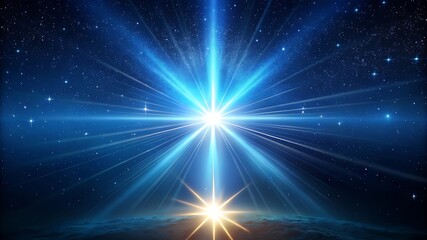 Fototapeta premium Bright blue starburst radiating light with a smaller golden star below isolated on transparent background silhouette