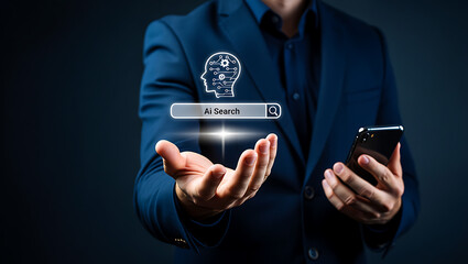 Person presenting artificial intelligence search interface technology human head