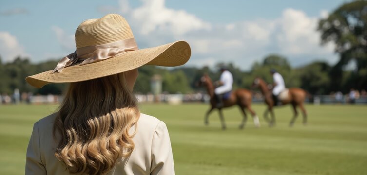 Elegant woman wears wide-brimmed hat, watches prestigious equestrian polo match. Sophistication, luxury, high-society sportsmanship define this outdoor summer event.