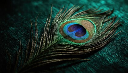 Obraz premium Close-up macro photo of vibrant peacock feather with intricate details. Iridescent blue, green, brown colors contrast against dark, textured background. Delicate feather natural symmetry, elegant