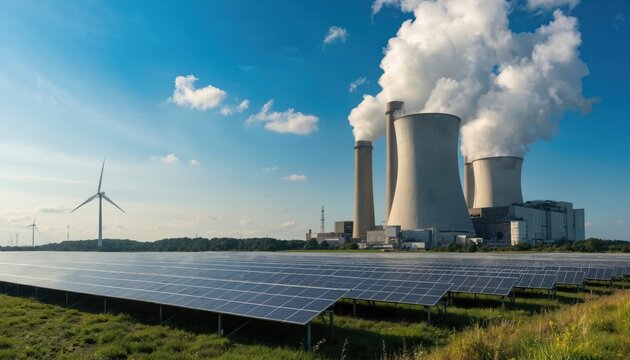 Renewable energy sources like solar panels, wind turbines coexist with traditional coal power plant. Juxtaposition highlights transition in energy infrastructure towards cleaner alternatives. Image