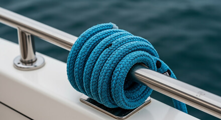 Detailed close-up of a vibrant blue mooring rope coiled around a shiny metal rail on a boat, with the deep blue sea in the background.