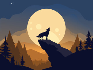 Wolf Howling at the Moon | Night Wilderness Landscape Vector Illustration. Howling Wolf Vector Silhouette | Full Moon Over Forest and Mountain at Night