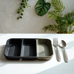 Divided plastic meal tray, dark gray and light olive green sections, with silverware on a white table.  Blurs of greenery and a light-toned wall are in the background