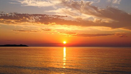 Serene Sunset over Calm Ocean Waters Peaceful Golden Hour Landscape.