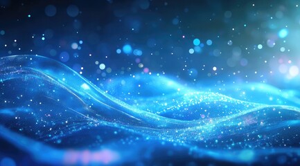 Abstract digital wave design with glowing particles. Deep blue background with luminous, wavy lines of light particles