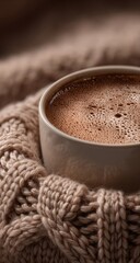 A warm cup of cocoa nestled in a cozy knit