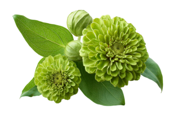 Green zinnia flower with buds and leaves isolated on transparent background