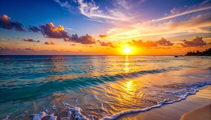 Vibrant Sunset over Tropical Beach Paradise Ocean Waves Golden Hour.
