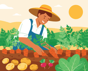 A cheerful farmer harvesting fresh carrots from a vibrant vegetable garden. Flat vector illustration.