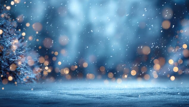 Winter wonderland scene with snowfall and bokeh lights