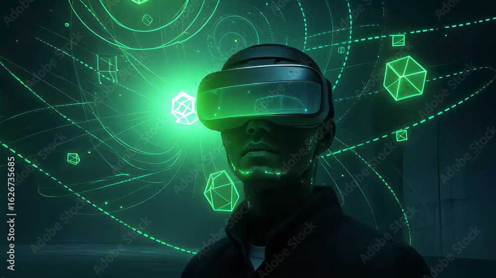 Poster dynamic closeup shot of a person immersing in virtual reality technology and exploring digital envir