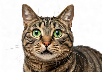 Obraz premium Illustration of closeup portrait of a surprised tabby cat isolated on transparent background