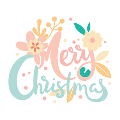 Feminine Merry Christmas Typography T-Shirt Design with Pastel Floral Decoration