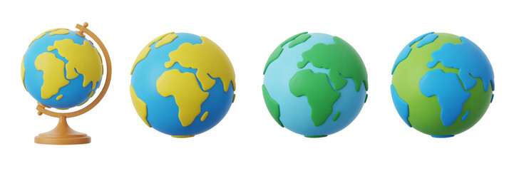 Four oval shaped globes showing continents and oceans in a row