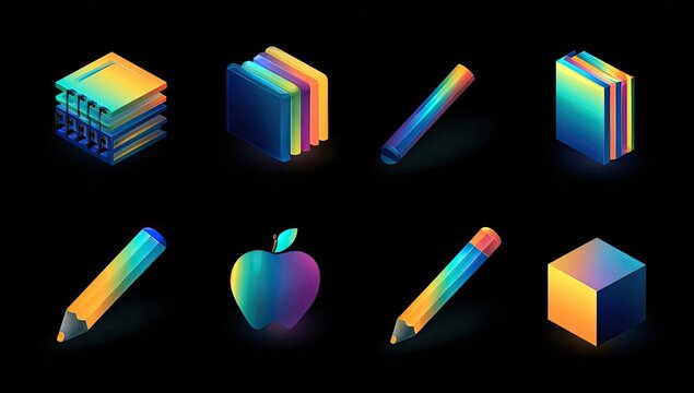 Colorful isometric icons of school supplies
