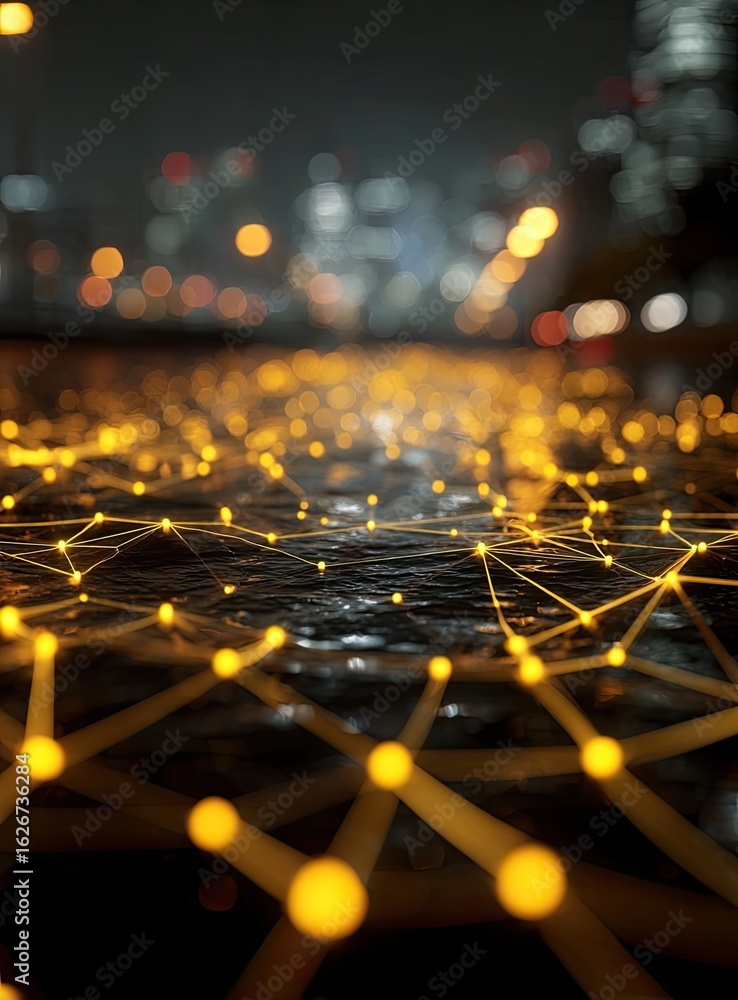 Poster abstract network overlaying a city at night. golden lines connect glowing points on a dark surface. 